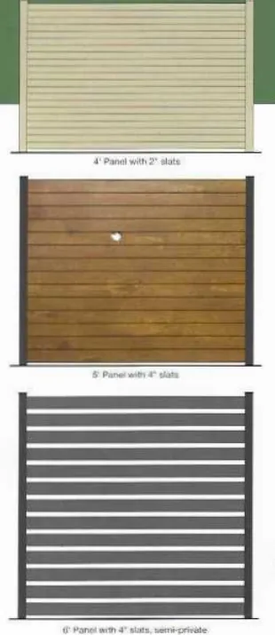 Ultra horizontal privacy panels shown in textured khaki, variegated wood and textured black finishes